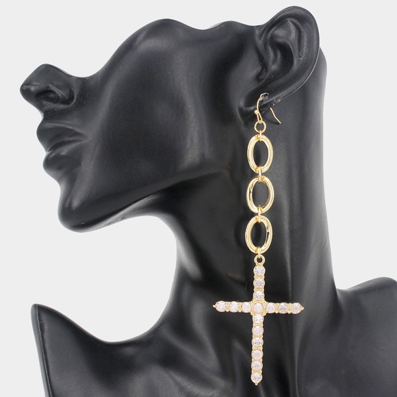 Gold Embellished Cross Statement Earrings - Picture 1 of 1